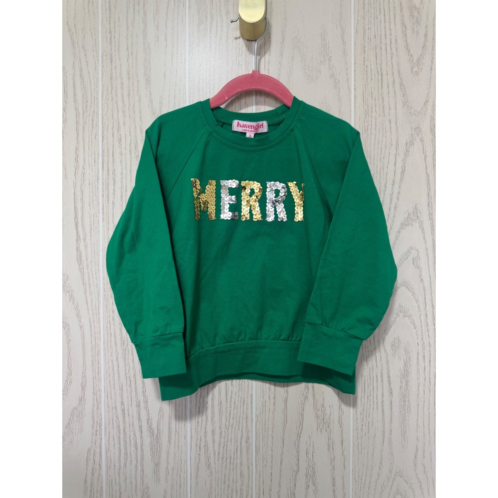 Havengirl Kids Green Merry Sequin Holiday Sweatshirt Size 3 NWT